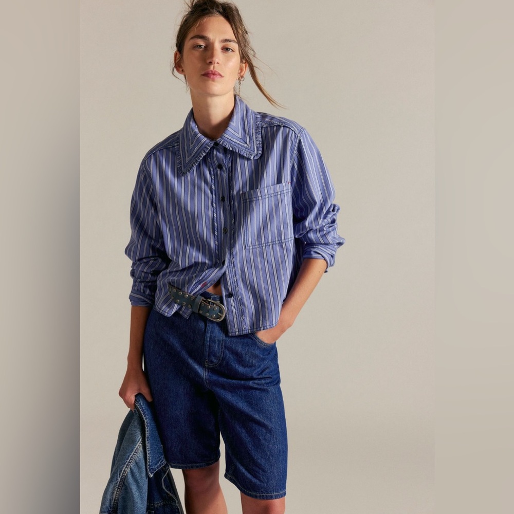 We The Free Blue and White Striped Button-Down Shirt